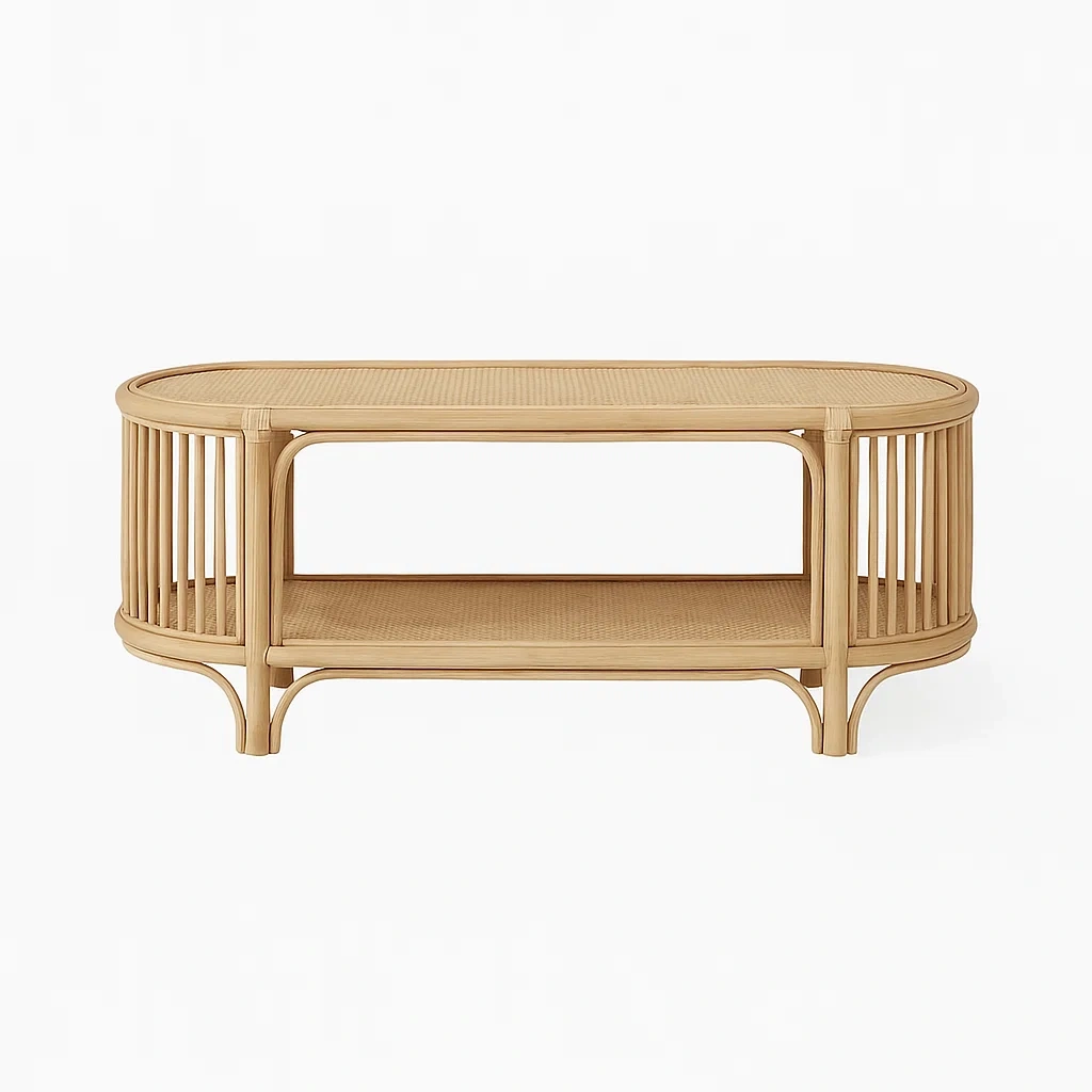 Ovaler Rattan-Couchtisch mit Holzrahmen 120 cm x 60 cm x 40 cm-meuboveta