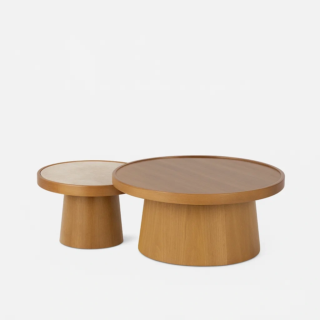 Runder Couchtisch Set aus Eichenholz, 2-teilig, Holzbraun-meuboveta