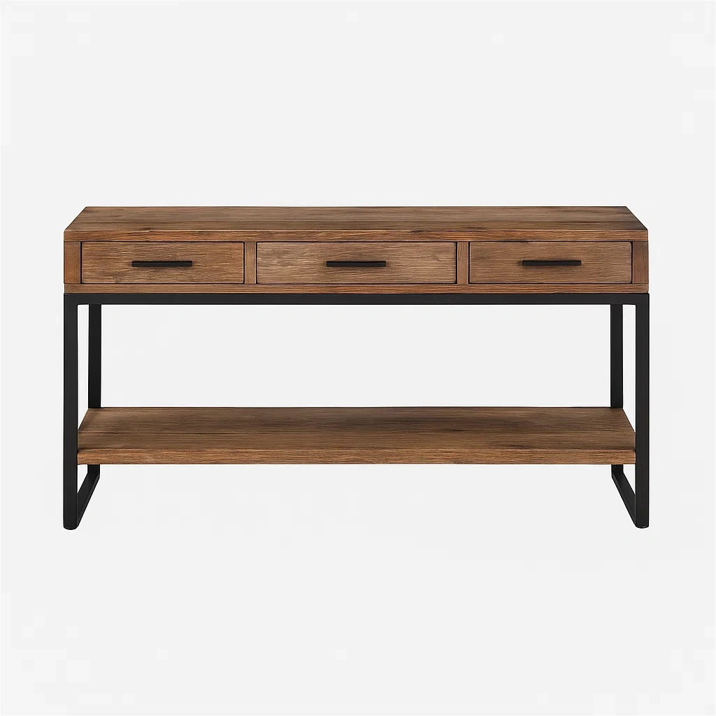 Eichenholz Metall Konsolentisch mit 3 Schubladen, 120 x 40 x 80 cm-meuboveta