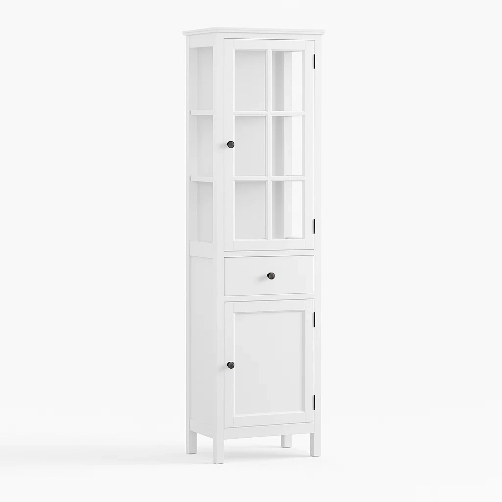 Weiße Holzvitrine mit gehärtetem Glas und Schublade 40x30x180cm-meuboveta