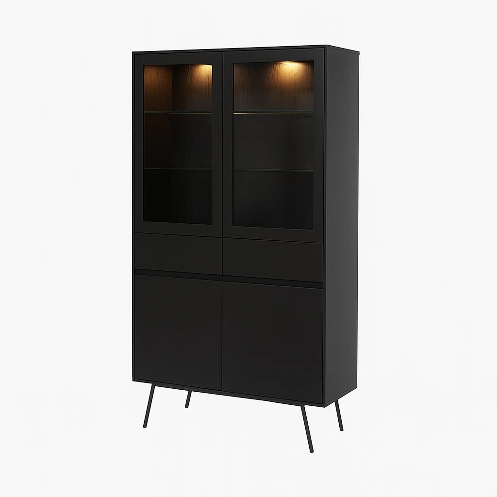 Schwarze Holz-Vitrine mit Glas und LED-Beleuchtung-meuboveta