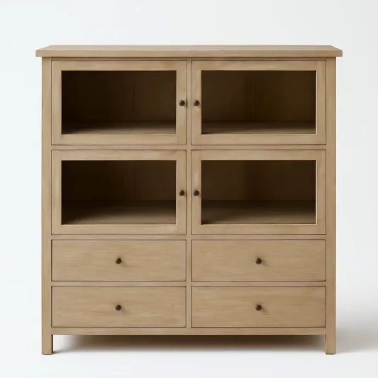 Holz Vitrine mit 4 Glastüren und 4 Schubladen 110cm x 45cm x 140cm-meuboveta