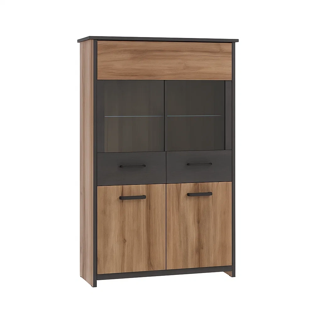 Vitrine MDF Eichenoptik mit Glastüren und Schubladen 185cm-meuboveta