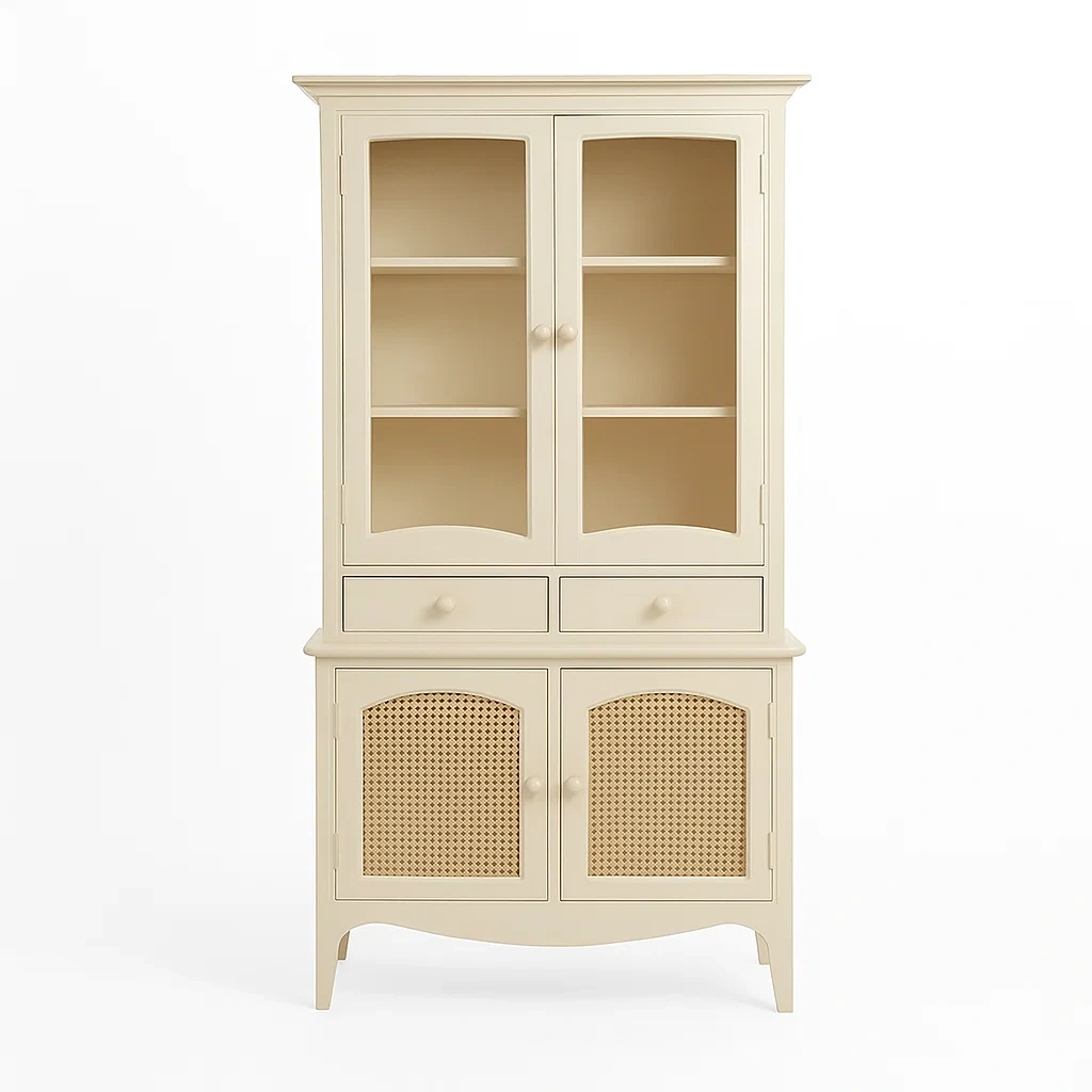 Vitrinenschrank Massivholz Beige mit Glastüren und Geflecht-meuboveta