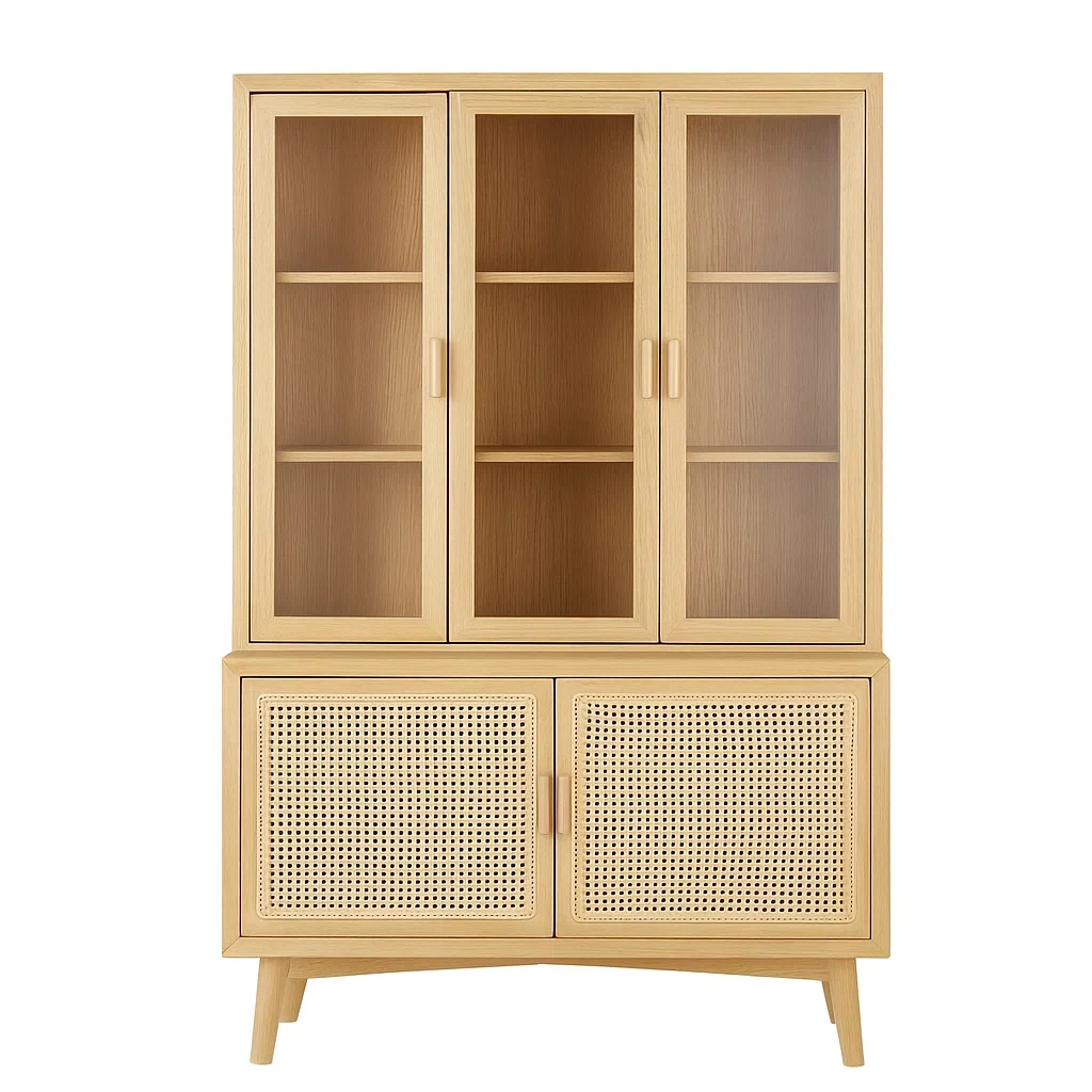 Schrank aus Holz mit Glastüren und Rattanpaneelen 200cm Höhe-meuboveta