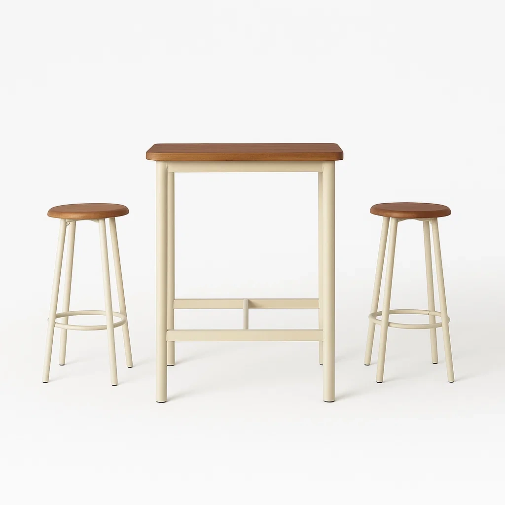 Holz-Metall-Barset mit zwei Hockern, Tischhöhe 90 cm-meuboveta