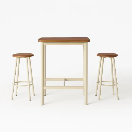 Holz-Metall-Barset mit zwei Hockern, Tischhöhe 90 cm-meuboveta
