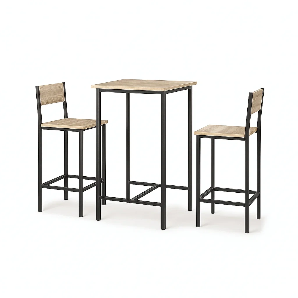 Holz und Metall Bartisch-Set mit 2 Barhockern, Eiche, 60x60x90 cm-meuboveta