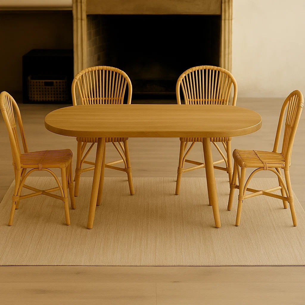 Esstisch-Set aus Eichenholz mit 4 Rattanstühlen, oval, Naturholz-meuboveta