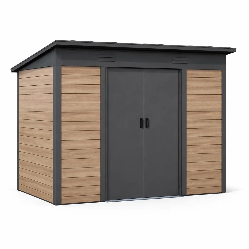 Stahl Geräteschuppen mit Holzoptik Paneele Grau 255x195x222 cm-homfetra