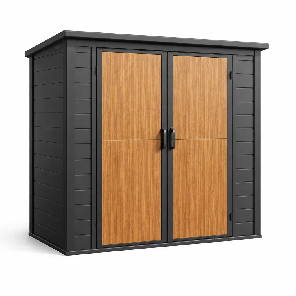 Kunststoff Garten-Geräteschrank mit Doppeltüren Schwarz/Braun-homfetra