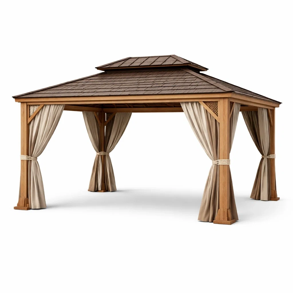 Holzpavillon mit Bitumendach und Polyester-Vorhängen 400x300x270 cm-homfetra