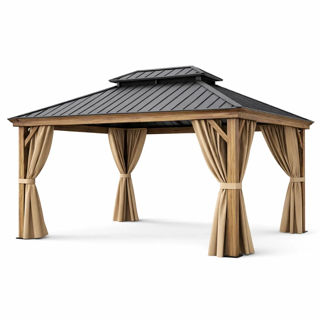 Pavillon Holzoptik Aluminium Stahl Grau Dach Sand Vorhänge 300x400cm-homfetra