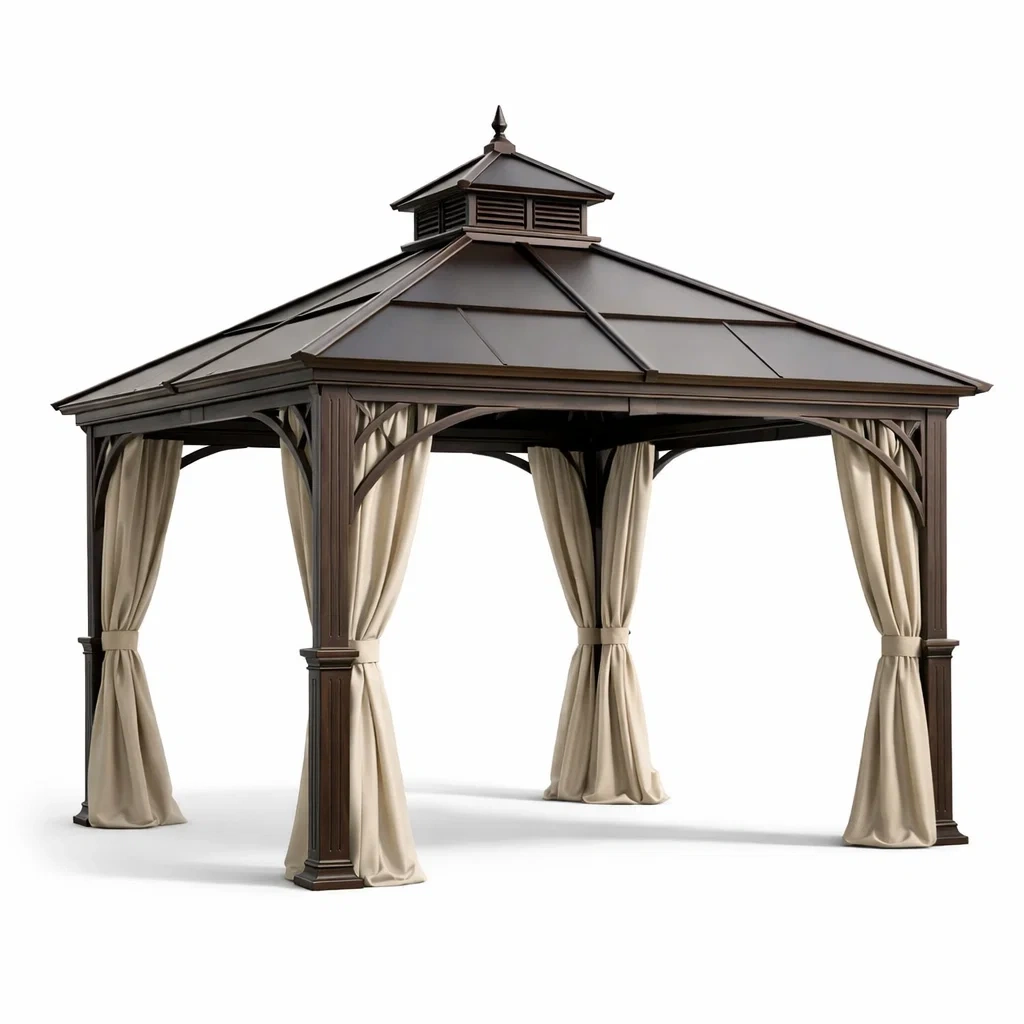 Gartenpavillon aus Metall 3x3m Braun mit Polyester-Vorhängen-homfetra