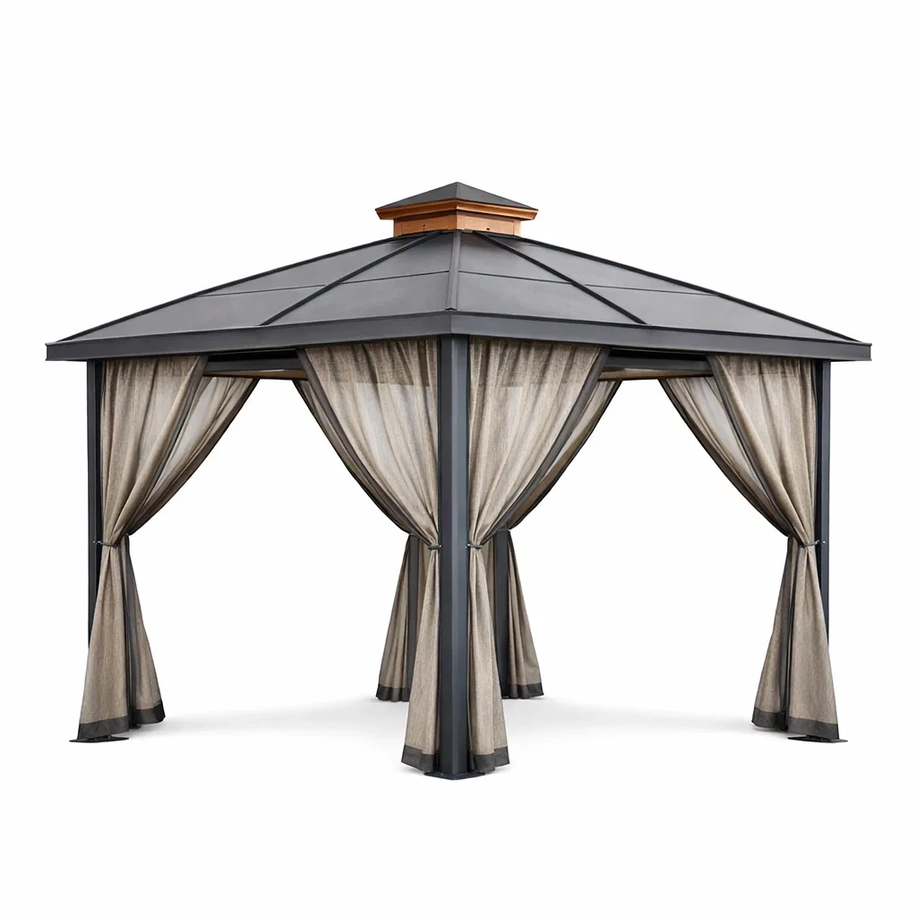 Gartenpavillon aus Aluminium mit Polycarbonatdach und Polyester-Vorhängen in Grau-homfetra