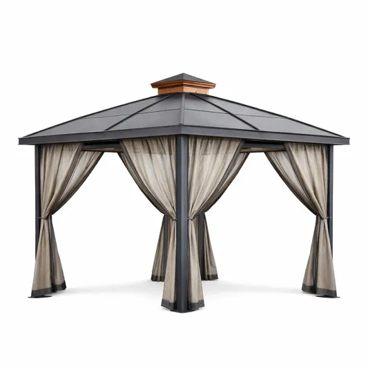 Gartenpavillon aus Aluminium mit Polycarbonatdach und Polyester-Vorhängen in Grau-homfetra