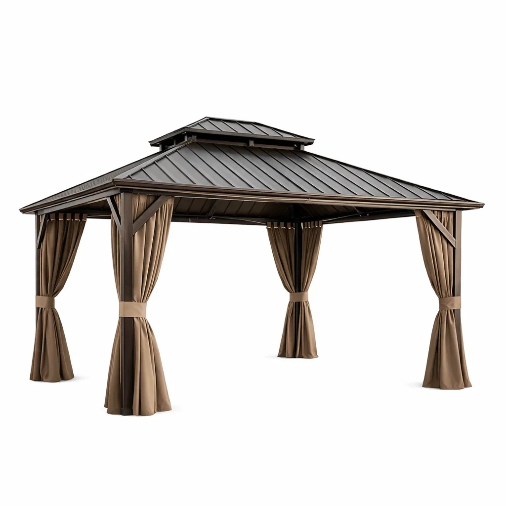 Pavillon mit Stahlrahmen 300x400 cm und Polyester Vorhängen Dunkelbraun-homfetra