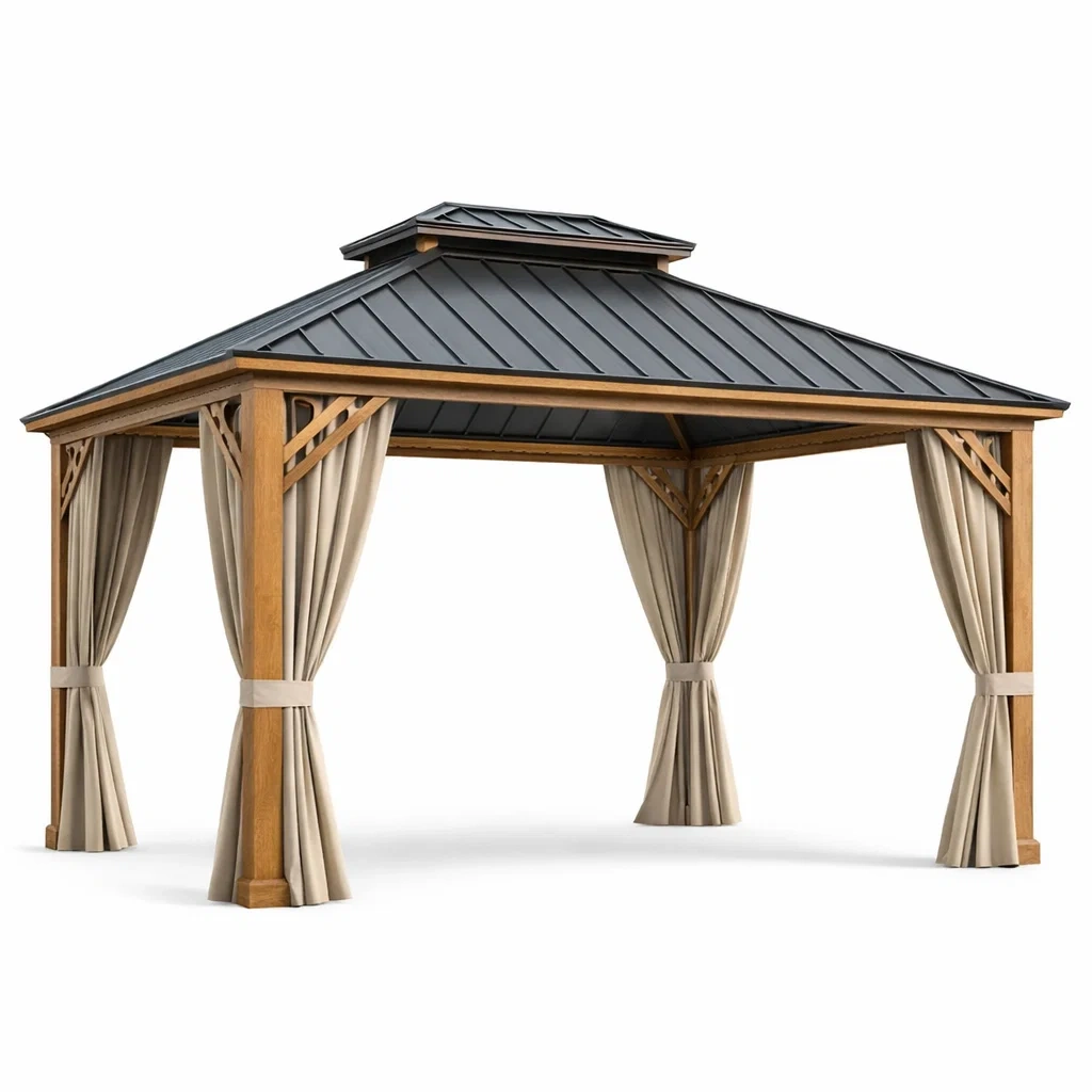Holz Gartenpavillon mit Stahl-Dach und Polyester-Vorhängen-homfetra
