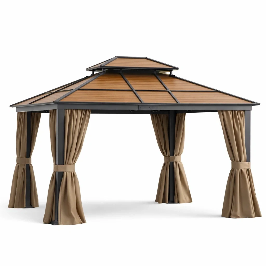 Pavillon Aluminium Holzoptik 3x4m mit Polyester Vorhängen-homfetra