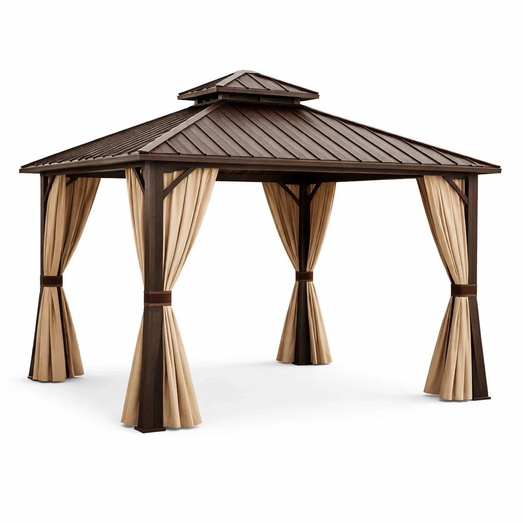Gartenpavillon mit Aluminiumrahmen und Polyester-Vorhängen Braun 4x3m-homfetra