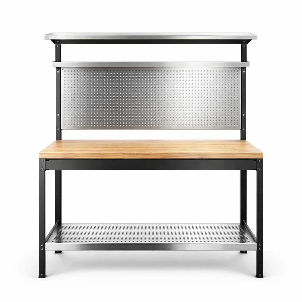 Werkbank Metall mit Holzoberfläche und Ablage 120 x 60 cm-homfetra