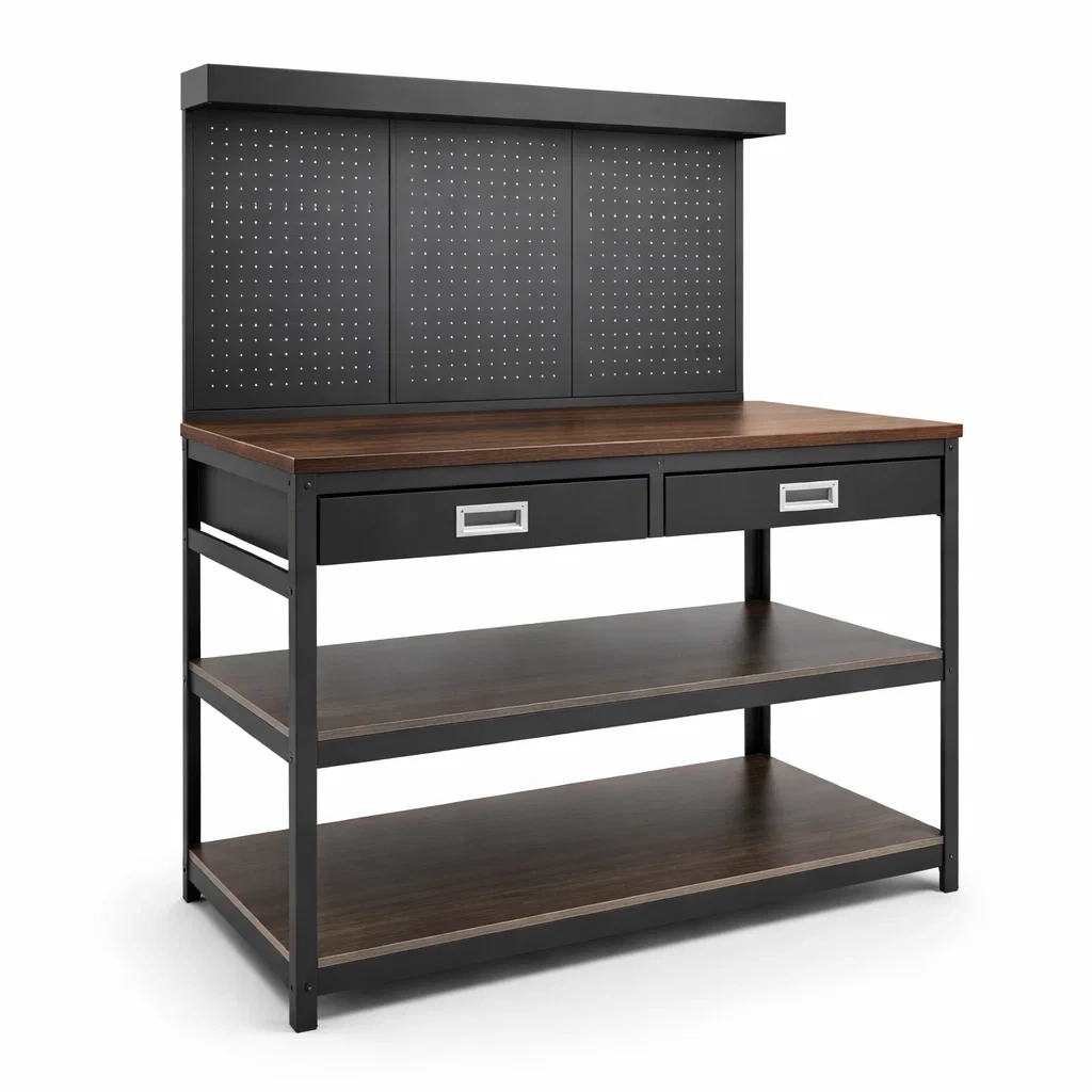 Werkbank mit Metallrahmen und MDF-Holzoberfläche, Schwarz/Braun, 2 Schubladen-homfetra