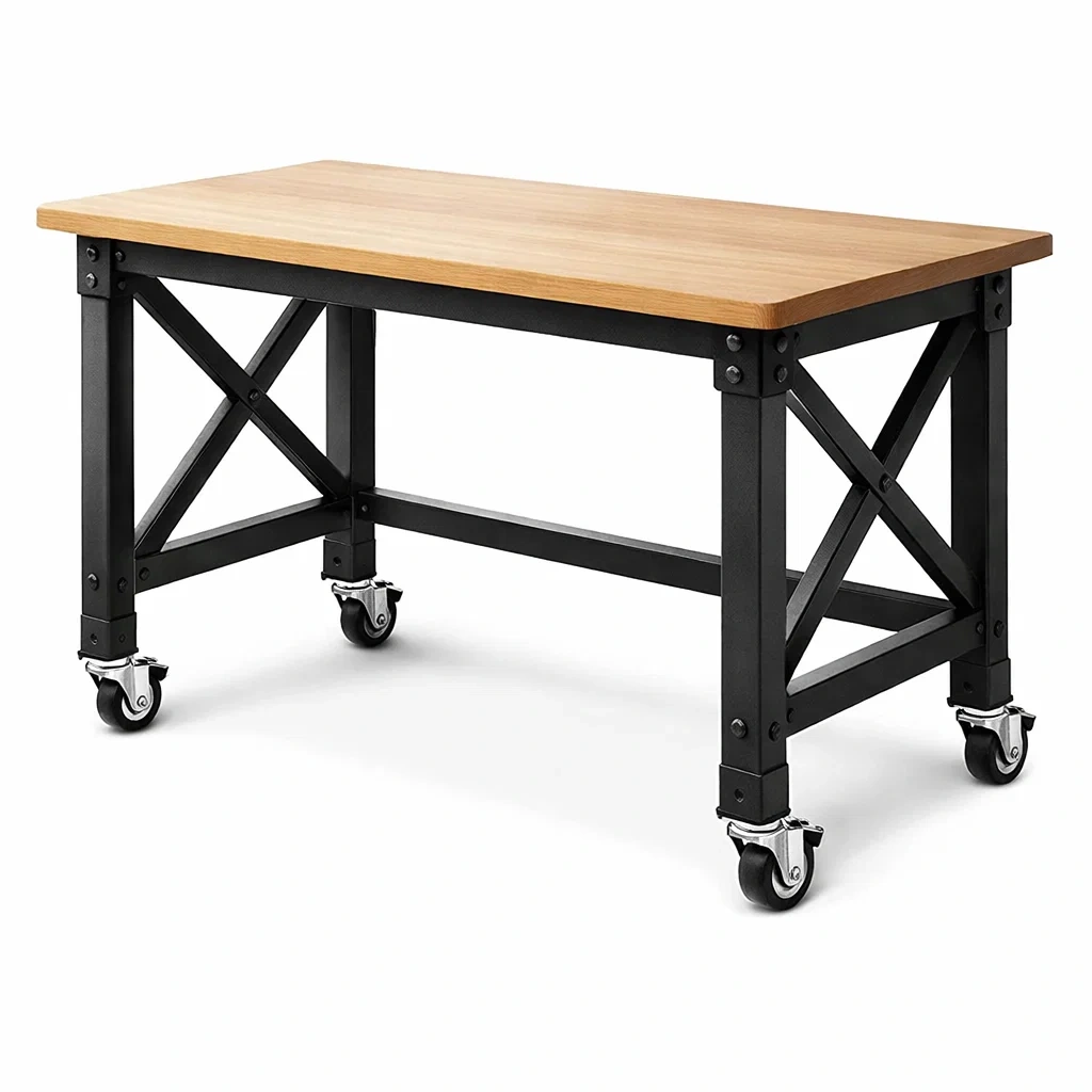 Arbeitstisch mit Rollen Holzplatte Metallrahmen 120x60x75 cm-homfetra