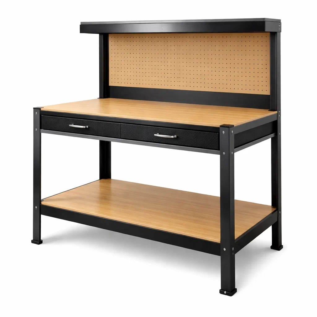 Werkbank mit Rückwand und Stauraum aus Holz und Metall 120x60x150 cm-homfetra