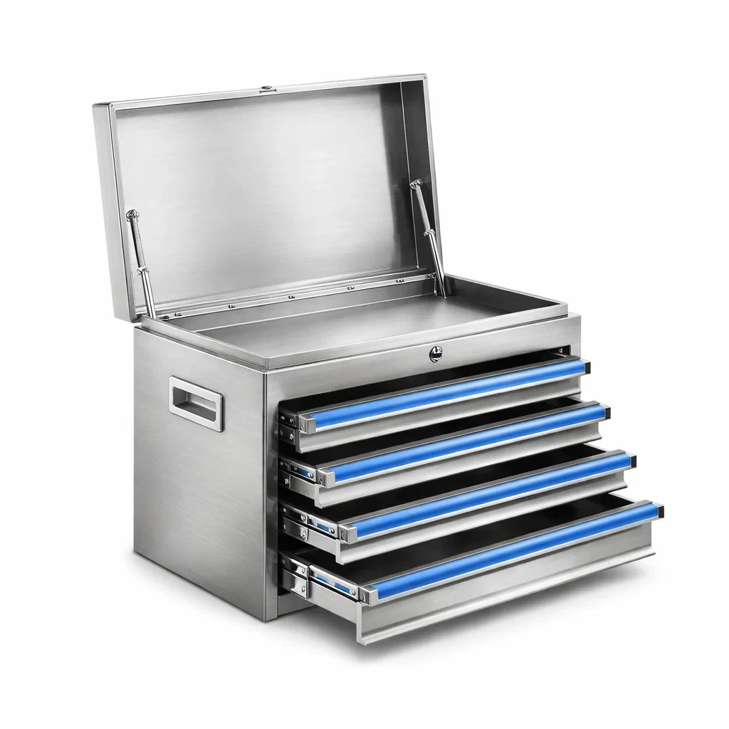 Edelstahl Werkzeugkasten mit 5 Schubladen Silber/Blau-homfetra