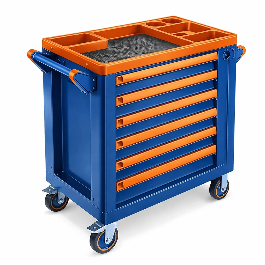Werkzeugwagen mit 7 Schubladen Stahl Blau/Orange-homfetra