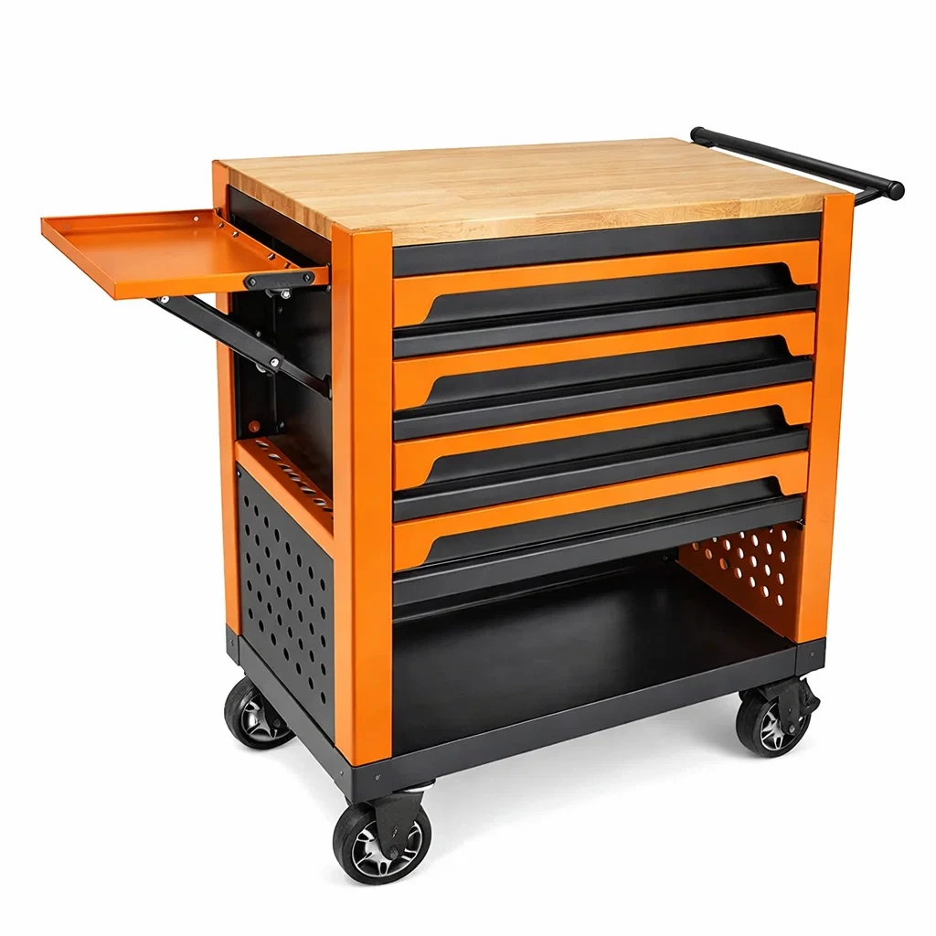 Stahl Werkzeugwagen mit 5 Schubladen und Holzplatte, Schwarz/Orange-homfetra