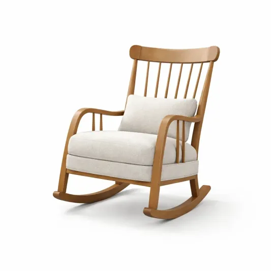 Massivholz Schaukelstuhl mit Beige Polyester Polsterung und Kissen-homfira