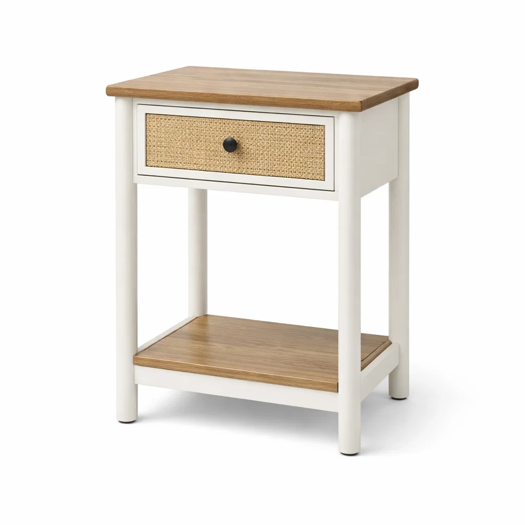 Beistelltisch Holz Rattan Weiß Natur mit Schublade 60cm-homfira