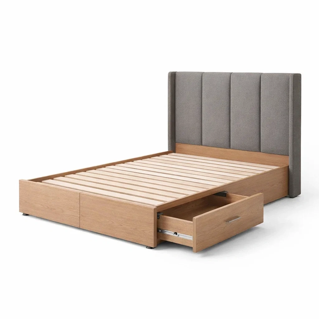 Holzbett mit grauem Stoffkopfteil und Schubladen 200x160 cm-homfira