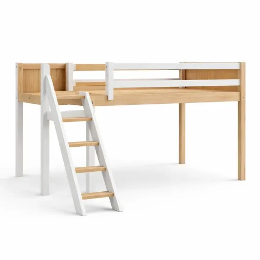 Hochbett aus Kiefernholz und MDF mit Leiter Weiß/Natur-homfira