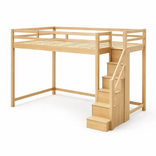 Hochbett aus Kiefernholz mit Treppe 200x90 cm-homfira