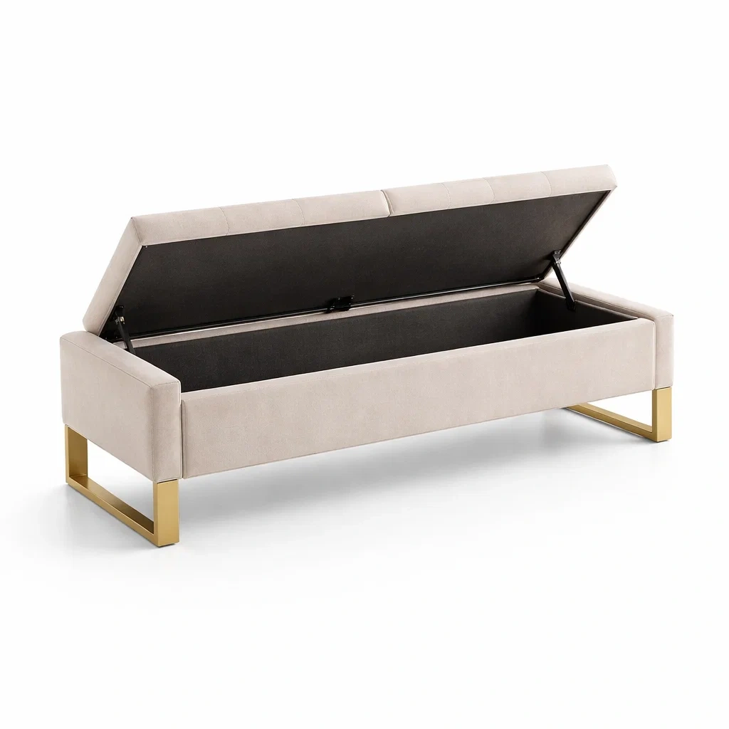 Sitzbank mit Aufbewahrung Beige Samt Gold Metallgestell-homfira