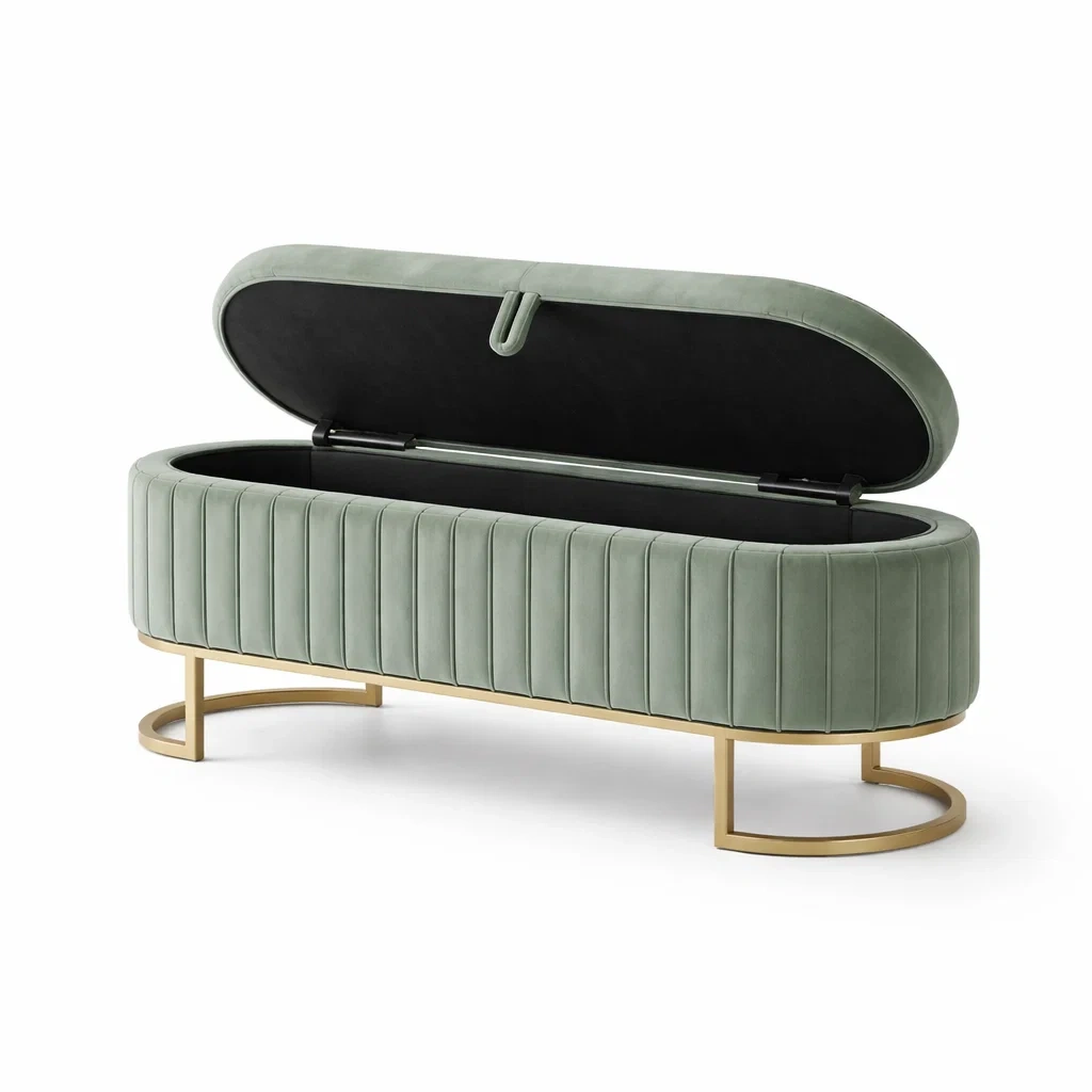 Samt Sitzbank mit Stauraum, oval, Grün, Metallbasis-homfira