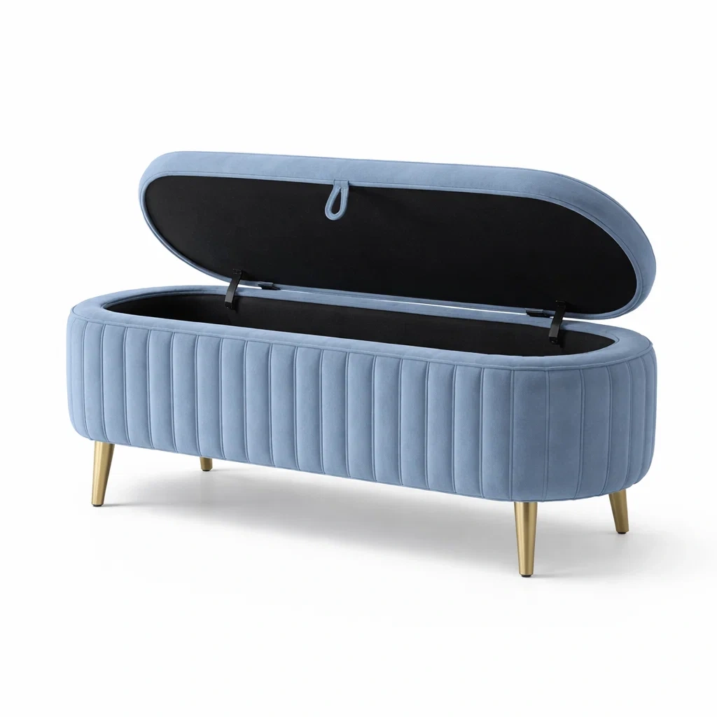 Sitzbank aus Velours mit Stauraum und Metallbeinen 120cm Blau-homfira