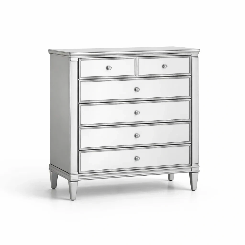 Spiegelkommode mit 5 Schubladen aus MDF und Spiegelglas, Silber-homfira