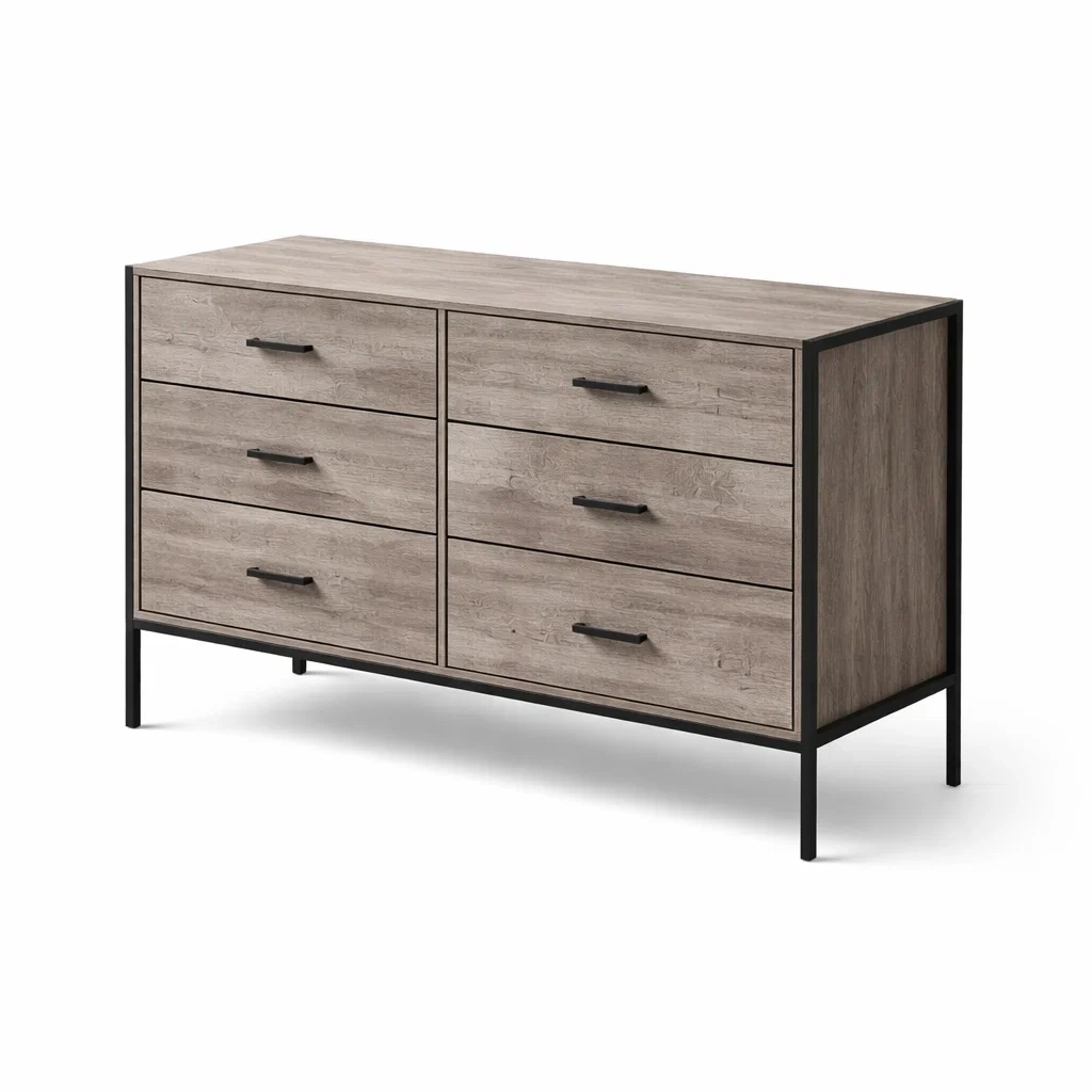Kommode aus Holz mit sechs Schubladen und Metallrahmen, Braun-homfira