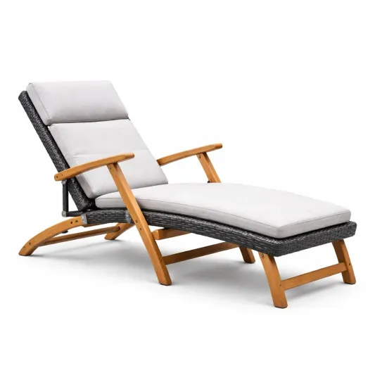 Liegestuhl Akazienholz PE-Rattan Grau Weiß 200cm-delmavora