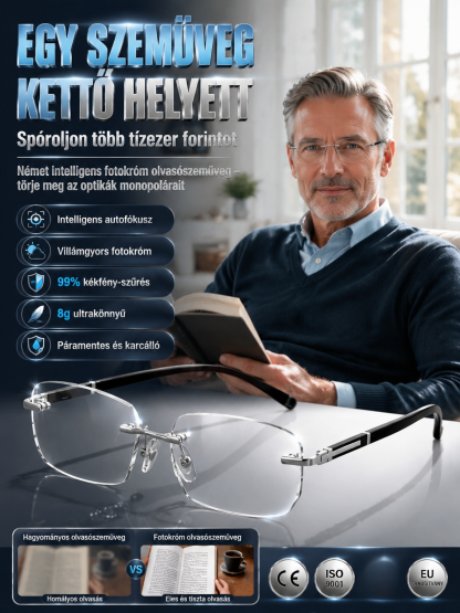 🔥 [Forró Eladás] Egy Szemüveg Kettő Helyett!【Búcsú a szemfáradtságtól】Keret nélküli intelligens színváltó olvasószemüveg👓