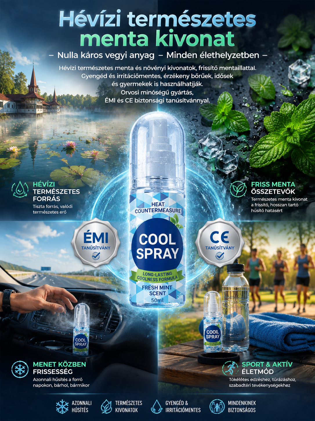 ❄️Tartós frissítő spray| 1 mp alatt -15°C| 3 órás tartós hőpajzs, Természetes menta kivonat, Bőrbarát❄️