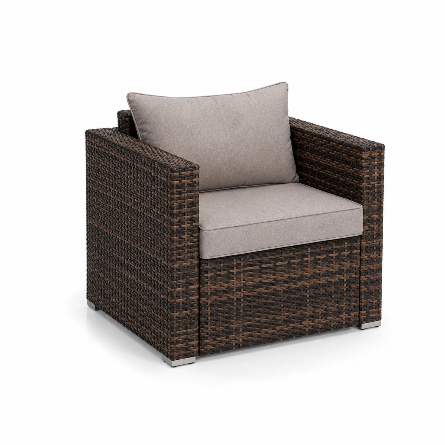 Poltrona in rattan sintetico con cuscini in poliestere, 72x68x66 cm, Marrone/Grigio