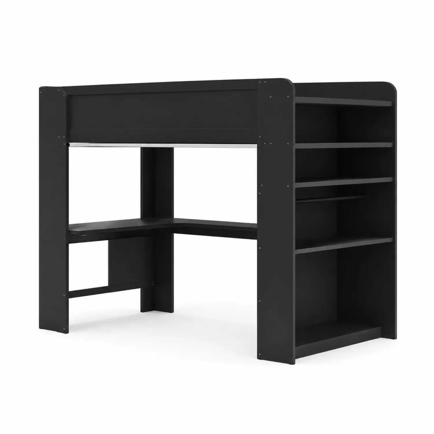 Letto a soppalco con scrivania e scaffale in legno nero