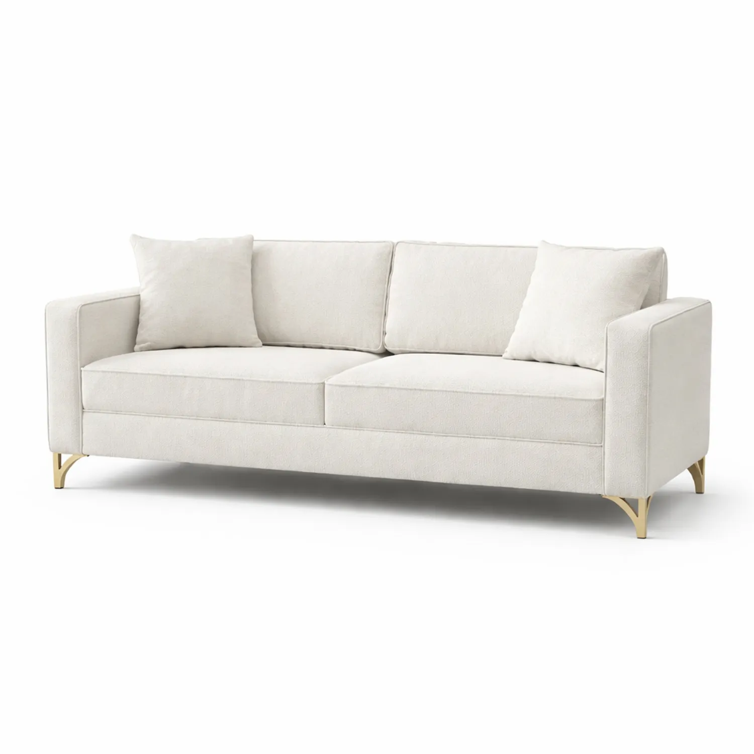 Divano tre posti tessuto beige con gambe in metallo