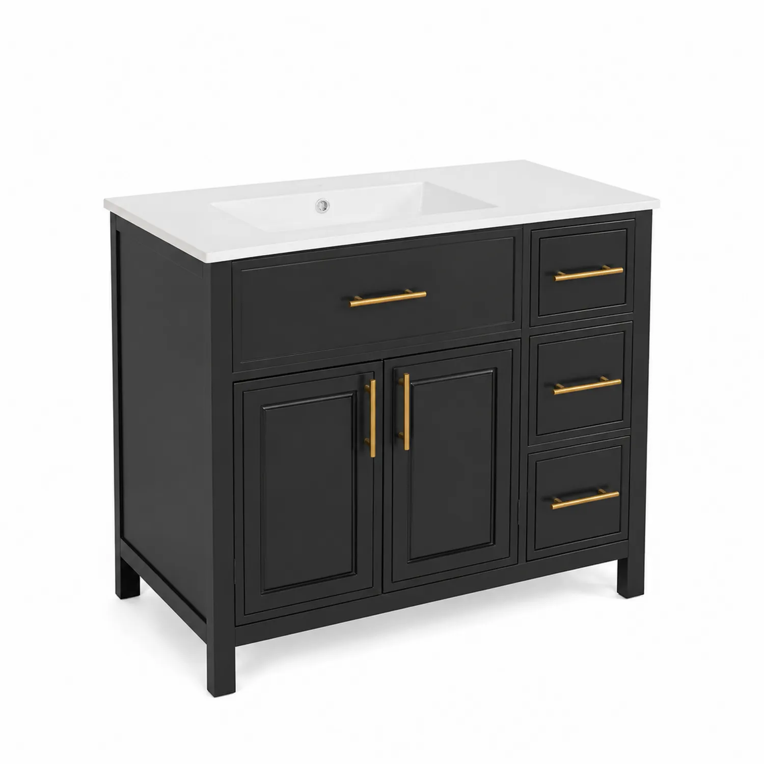 Mobile lavabo in legno nero con piano in ceramica e maniglie in metallo dorato