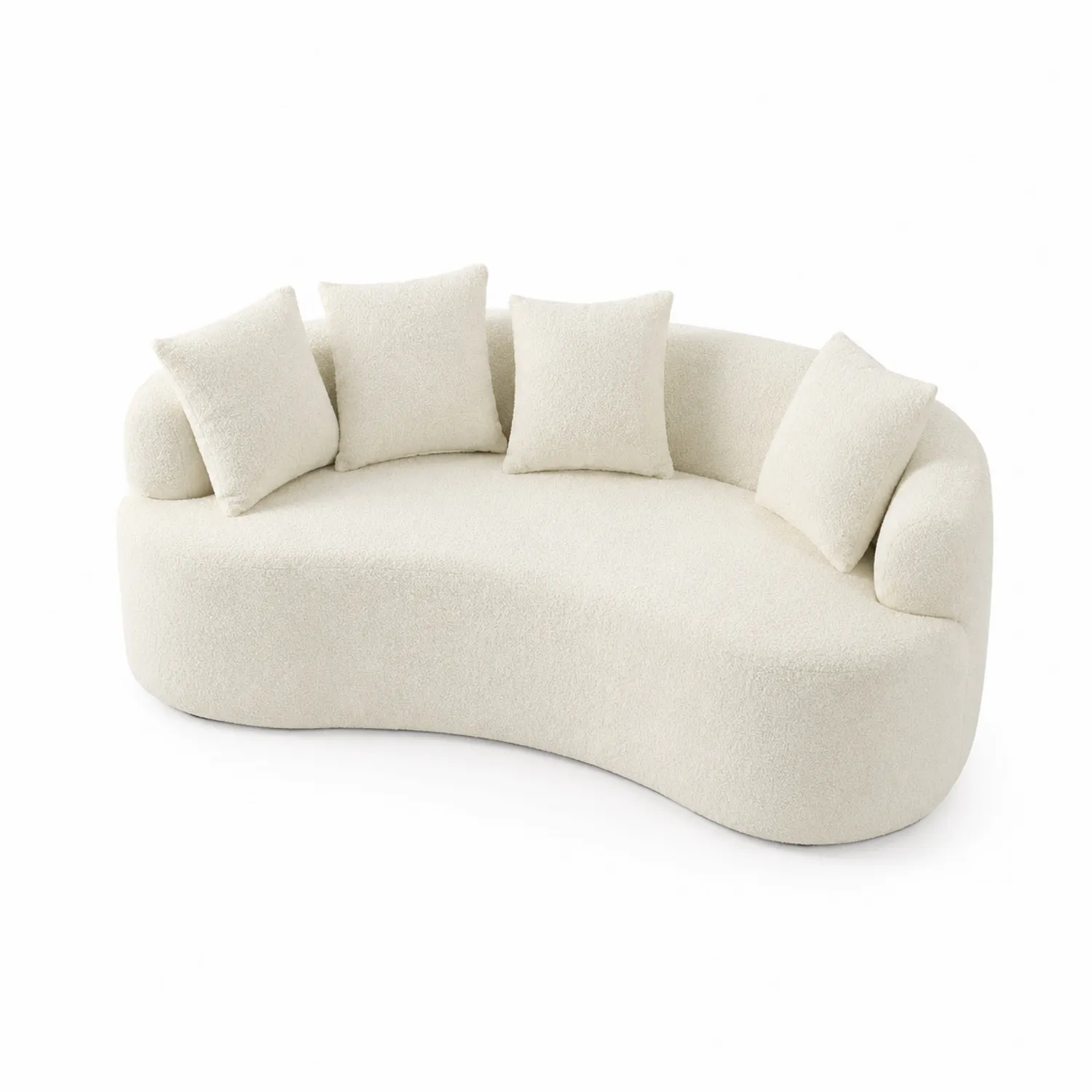 Divano Curvo in Bouclé Bianco con Cuscini