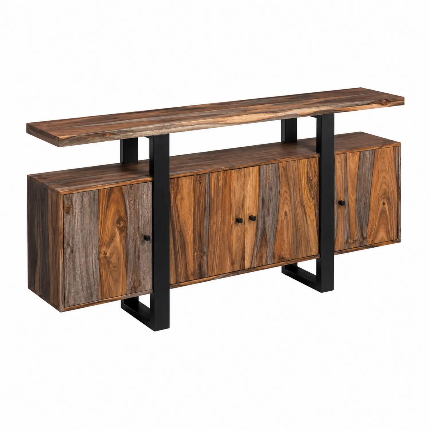 Credenza in Legno di Palissandro con Struttura in Metallo, 4 Ante, Marrone/Nero